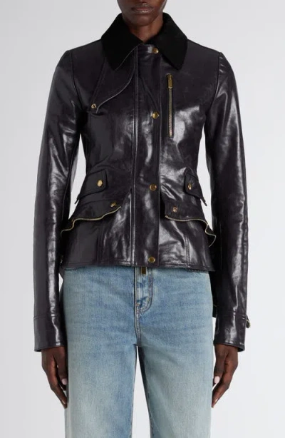 Alexander Mcqueen Flared Fit Full-grain Leather Jacket With Peplos Hem In Black