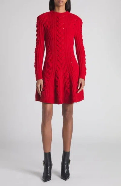 ALEXANDER MCQUEEN MCQUEEN LONG SLEEVE CABLE KNIT WOOL & CASHMERE MINI SWEATER DRESS