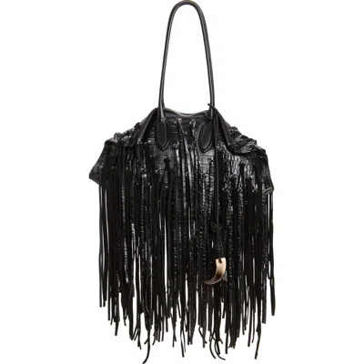Alexander Mcqueen Mcqueen Manta Fringe Embellished Croc Embossed Leather Shoulder Bag In Black