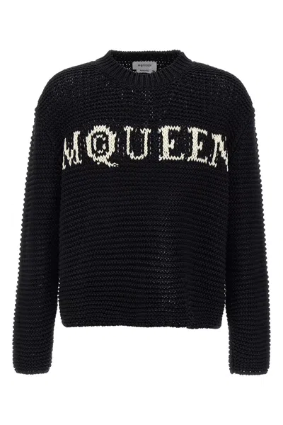 Alexander Mcqueen Mcqueen Textured Cotton Sweater With Inlaid Logo In Black