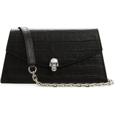 Alexander Mcqueen Croc-embossed Leather Skull Clasp Clutch Bag 12 Cm X 22.5 Cm X 6.5 Cm In Black