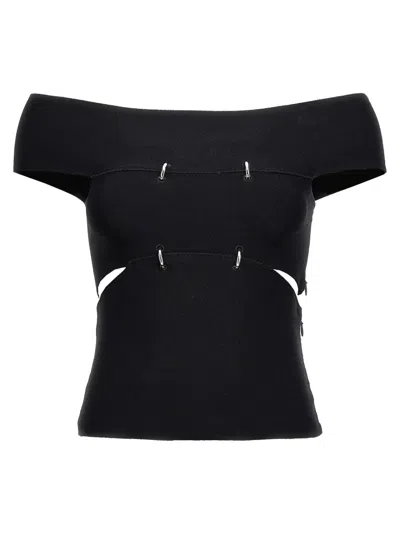 ALEXANDER MCQUEEN MCQUEEN OFF-THE-SHOULDER CUT-OUT KNITTED TOP WITH SILVER PIERCINGS