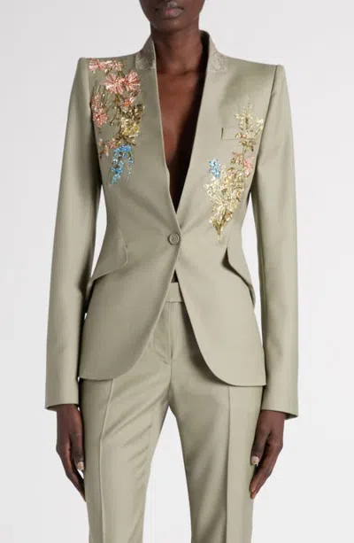 Alexander Mcqueen Mcqueen One-button Wool Blazer With Floral Beadwork In Gray