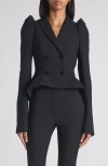 Alexander Mcqueen Mcqueen Pleated Puff Shoulder Stretch Wool Crop Jacket In Black