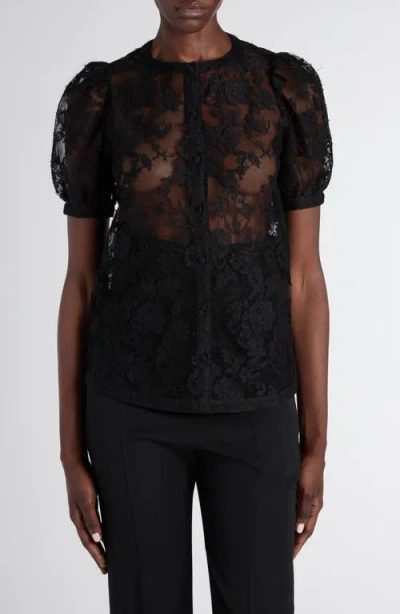 Alexander Mcqueen Mcqueen Puff Sleeve Sheer Floral Lace Shirt In Brown