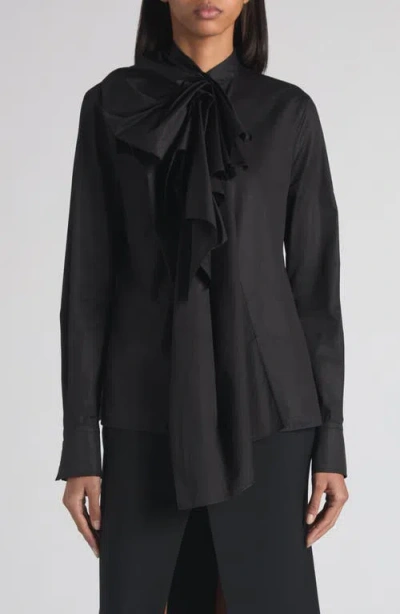 Alexander Mcqueen Draped Ruffle Cotton Poplin Blouse In Black