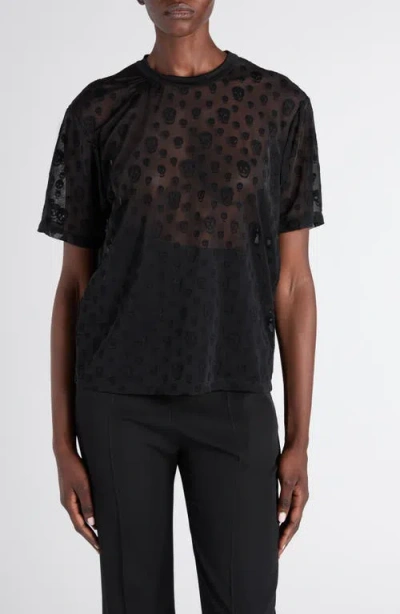 Alexander Mcqueen Skull Motif Sheer Round Neck T-shirt In Black