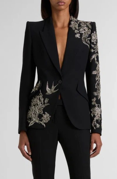 Alexander Mcqueen Mcqueen Tattoo Embroidery Peak Shoulder Crepe Blazer In Black