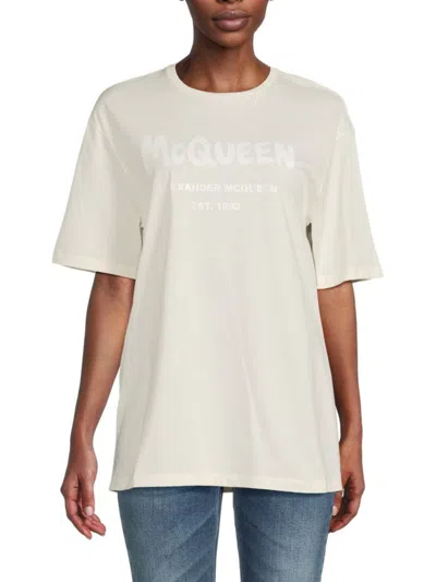 Alexander Mcqueen Mcqueen Women's Graffiti Logo Cotton T-shirt In White