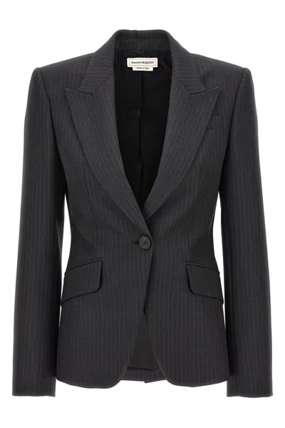 Alexander Mcqueen Mcqueen Women Single-breasted Pinstripe Blazer In Gray