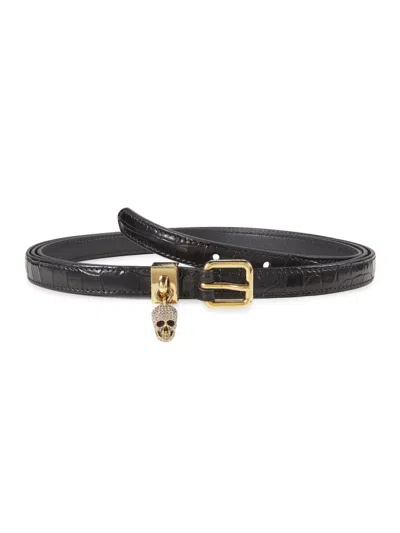 Alexander Mcqueen Mcqueen Women's Skull Charm Embossed Leather Belt In Black