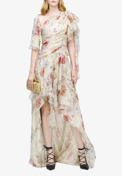 Alexander Mcqueen Meadow Asymmetric Floral Gown In Multi