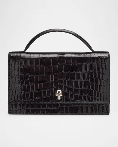 Alexander Mcqueen Medium Skull Croc-embossed Leather Top-handle Bag In Black