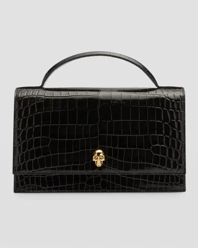 Alexander Mcqueen Medium Skull Croc-embossed Top-handle Bag In Black
