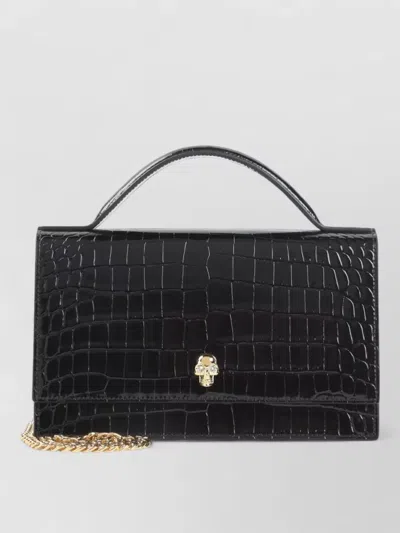 Alexander Mcqueen Medium Skull Croco Leather Handle Clutch In Black