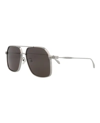 Pre-owned Alexander Mcqueen Men's  Aviatorframe Metal Sunglasses In Ruthenium Ruthenium Grey (am0372s/30013625/