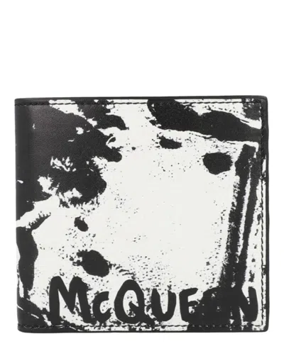 Pre-owned Alexander Mcqueen Men's  Graffiti Logo Bifold Wallet In Black/white