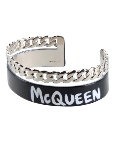 Pre-owned Alexander Mcqueen Men's  Graffiti Open Cuff Bracelet In Black/white In Multi