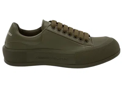 Pre-owned Alexander Mcqueen Men's  Leather Deck Plimsoll Sneakers In Khaki In Brown
