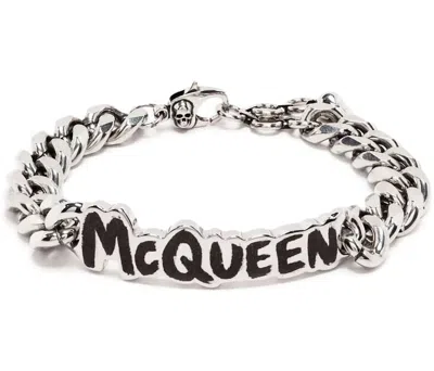 Pre-owned Alexander Mcqueen Men's  Logo Plaque Bracelet In Silver