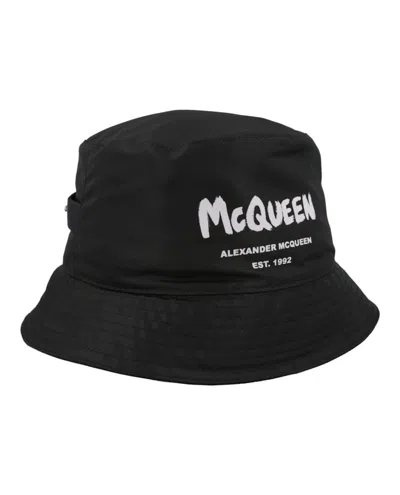 Pre-owned Alexander Mcqueen Men's  Logo Print Bucket Hat In Black Ivory In White