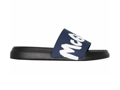 Pre-owned Alexander Mcqueen Men's  Pool Slide Graffiti Logo White Sneakers In Black/blue