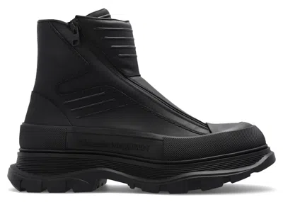 Pre-owned Alexander Mcqueen Men's  Tread Slick Leather Zipup Ankle Boot Sneakers In Black