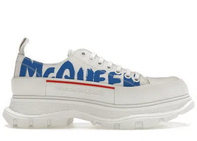 Pre-owned Alexander Mcqueen Men's  Tread Slick Low Lace Up Graffiti Sneakers In White/blue In Multi