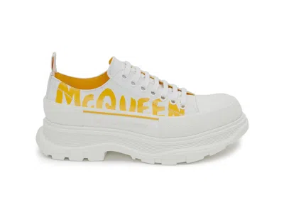 Pre-owned Alexander Mcqueen Men's  Tread Slick Low Lace Up Graffiti Sneakers In White/yellow Pop In Multi