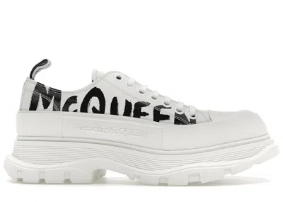 Pre-owned Alexander Mcqueen Men's  Tread Slick Low Lace Up Leather Graffiti Sneakers In White/black