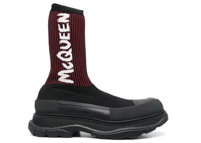 Pre-owned Alexander Mcqueen Men's  Tread Slick Sock Boot Sneakers In Black/red/white