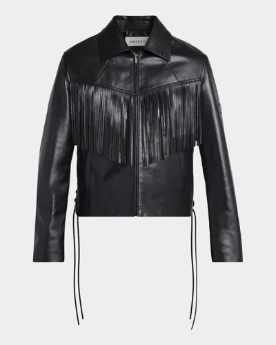 Alexander Mcqueen Men's Western Fringe-trim Leather Jacket In Black