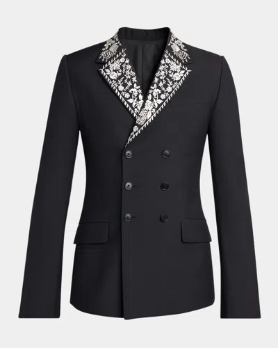 Alexander Mcqueen Men & Apos;s Wool Embroidered-lapel Double-breasted Dinner Jacket In Black