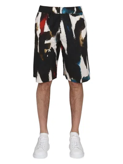 Alexander Mcqueen Men's Bermuda With Logo Print Shorts | Size 48 | 726838 In Multicolour