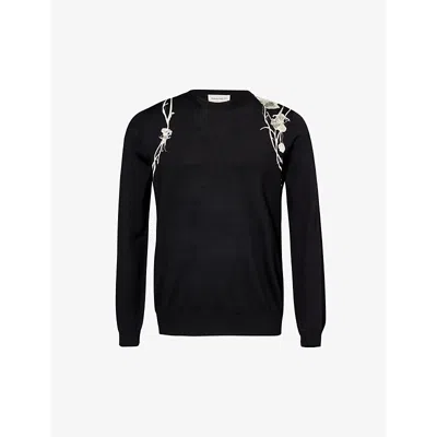 Alexander Mcqueen Mens Black Ivory Embroidered Crewneck Wool Knitted Jumper