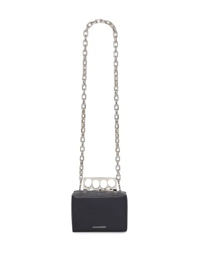 ALEXANDER MCQUEEN MEN'S BLACK LEATHER MINI HANDBAG WITH SILVER-TONE LOGO LETTERING AND CHAIN-LINK STRAP BY ALEXANDER M