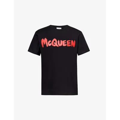 Alexander Mcqueen Mens Black Red Graffiti Logo-print Relaxed-fit Cotton-jersey T-shirt