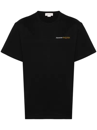 Alexander Mcqueen Men's Black Two-tone Embroidered Logo Cotton T-shirt