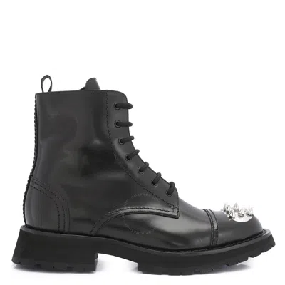 Alexander Mcqueen Men's Black/silver Punk Stud Lace-up Boots In Silver Tone/black