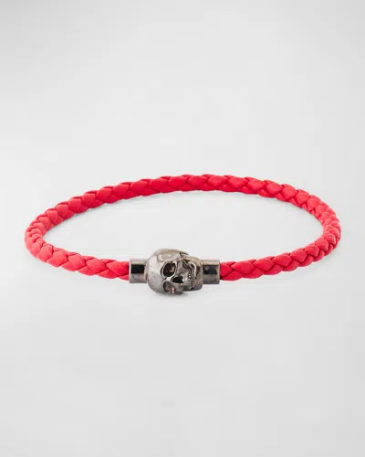 Alexander Mcqueen Men's Braided Leather Skull Cord Bracelet In Red