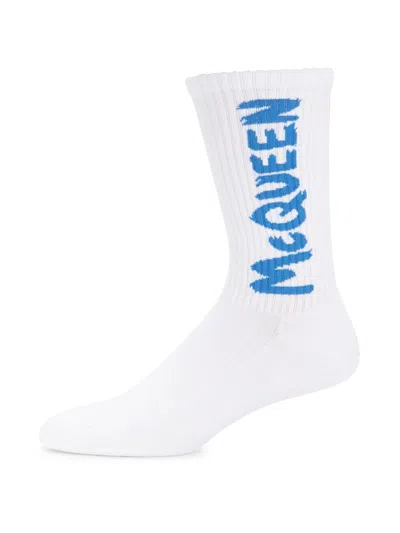 Alexander Mcqueen Men's Contrast Logo Ribbed Crew Socks In White