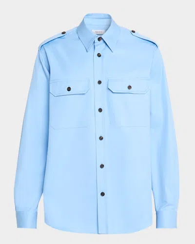 Alexander Mcqueen Men's Cotton Embroidered Logo Utility Shirt In Blue
