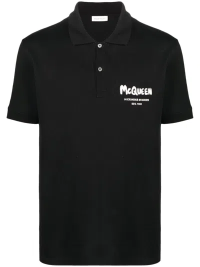 Alexander Mcqueen Men's Cotton-piqué Polo Shirt With Nacre Buttons In Black
