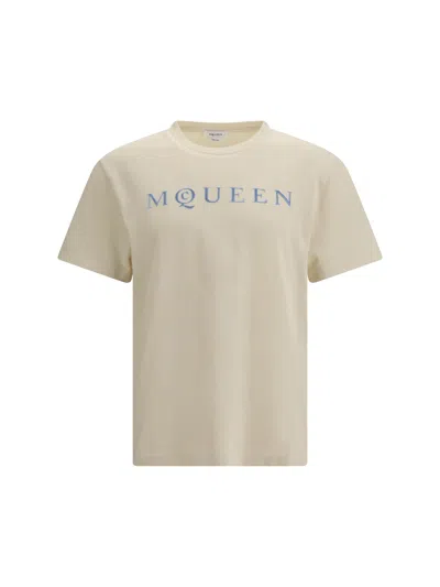 Alexander Mcqueen Men Cotton T-shirt With A Flocked Logo Printed In Neutral