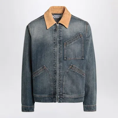 Alexander Mcqueen Men's Denim Jacket With Suede Collar In Blue