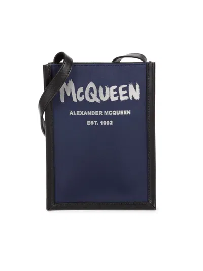 Alexander Mcqueen Men's Edge Mini Logo Leather Crossbody Bag In Blue