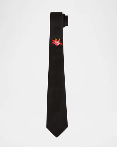 Alexander Mcqueen Men's Embroidered Fire Lily Silk Tie In Black/red