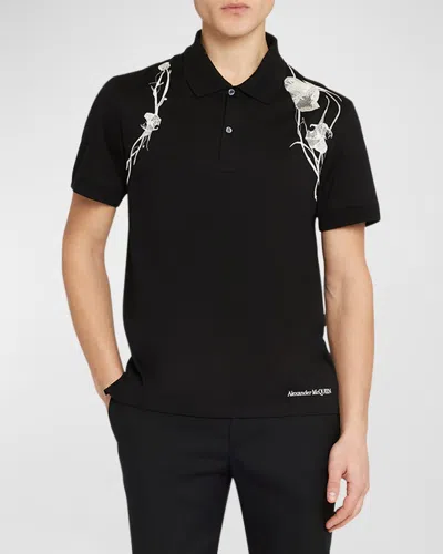 Alexander Mcqueen Men's Floral Embroidered Pique Polo Shirt In Black