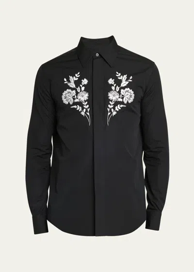 Alexander Mcqueen Men's Floral Embroidered Shirt In Black