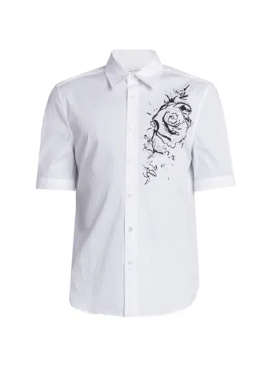 Alexander Mcqueen Men's Floral Stretch-cotton Button-front Shirt In White Black